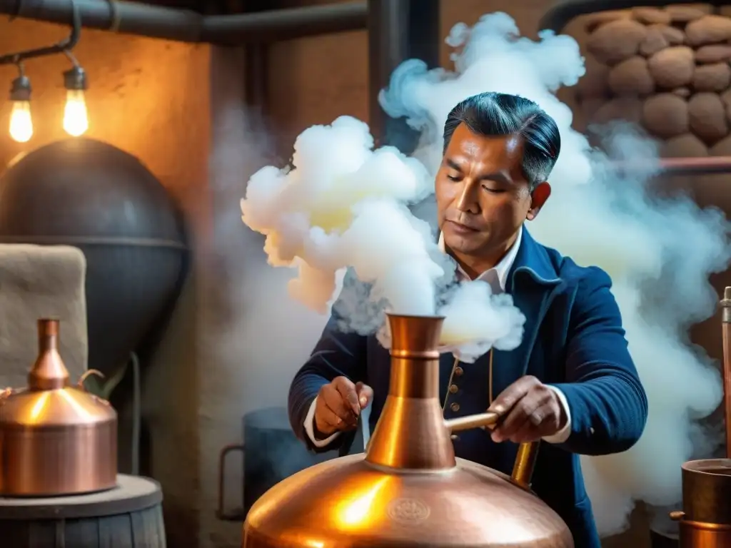 Un destilador peruano experto monitorea el alambique de cobre en una destilería tradicional, creando pisco