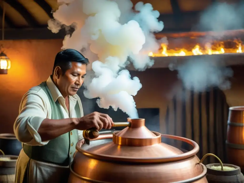 Un destilador peruano experto elaborando pisco en alambique de cobre, destacando la artesanía detrás del Festival Nacional del Pisco Perú