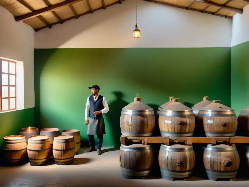 Un destilador tradicional en Chilca, Perú, crea Anís de Chilca con cuidado y tradición, mientras las montañas Andes se yerguen en el horizonte