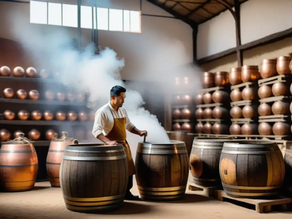 Destilería peruana tradicional con trabajadores expertos, alambiques de cobre y barriles de madera, reflejando la guía completa del Pisco Peruano