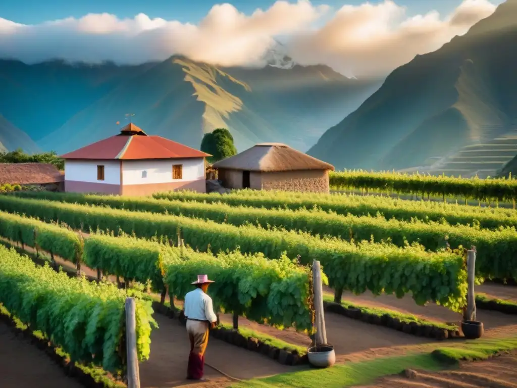 Una destilería de pisco peruano en atardecer, con trabajadores recolectando uvas entre viñedos, mientras los Andes se alzan al fondo