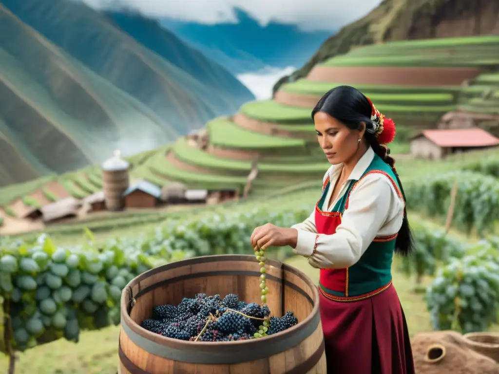 Destilería artesanal de pisco en Perú Destilería tradicional peruana elaborando pisco, con trabajadores, alambiques de cobre y barricas de maduración