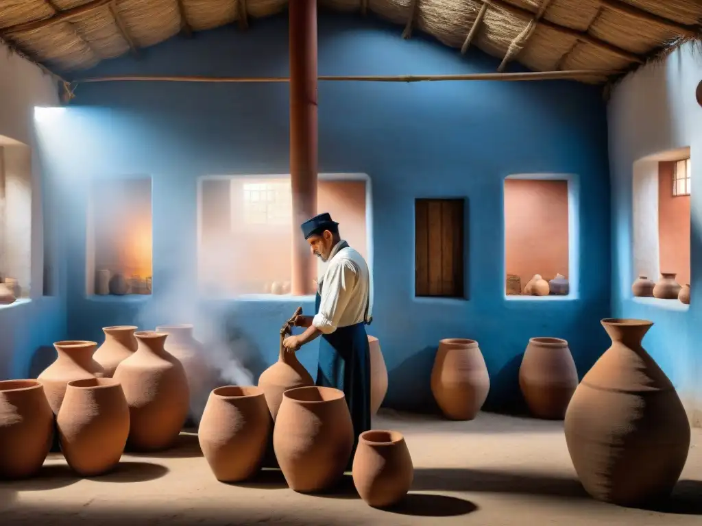Destilería de pisco: tradición y maestría en Perú Una destilería tradicional peruana donde se produce pisco, con trabajadores cosechando uvas y un maestro destilador supervisando el proceso