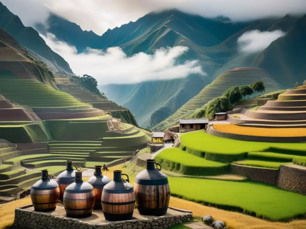 Una destilería tradicional peruana del siglo XX, con alambiques de cobre, barricas de pisco y trabajadores en trajes típicos