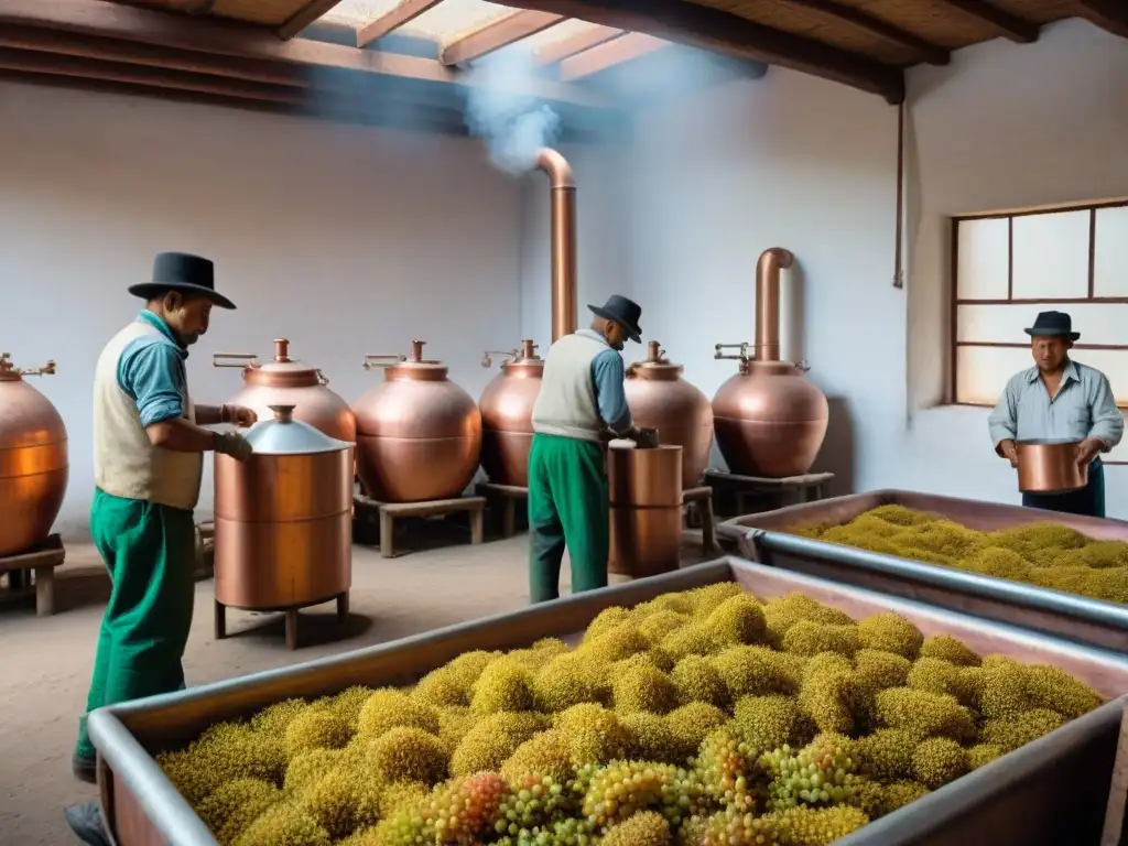 Una destilería tradicional de pisco en Perú, donde los trabajadores cosechan uvas, destilan en alambiques de cobre y embotellan el producto final