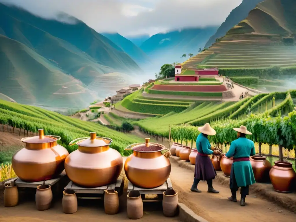 Una destilería tradicional en plena producción de Pisco, mostrando el proceso con ingredientes autóctonos y paisaje peruano