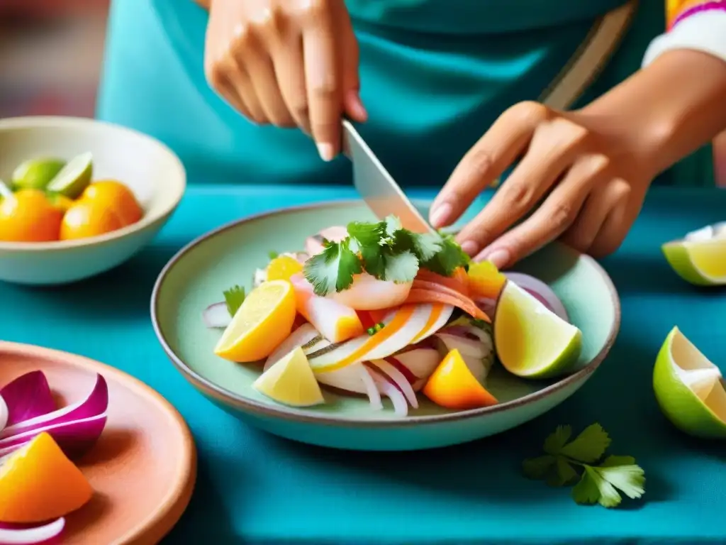 Una representación detallada de la preparación ancestral del ceviche peruano, con ingredientes frescos y coloridos en textiles tradicionales