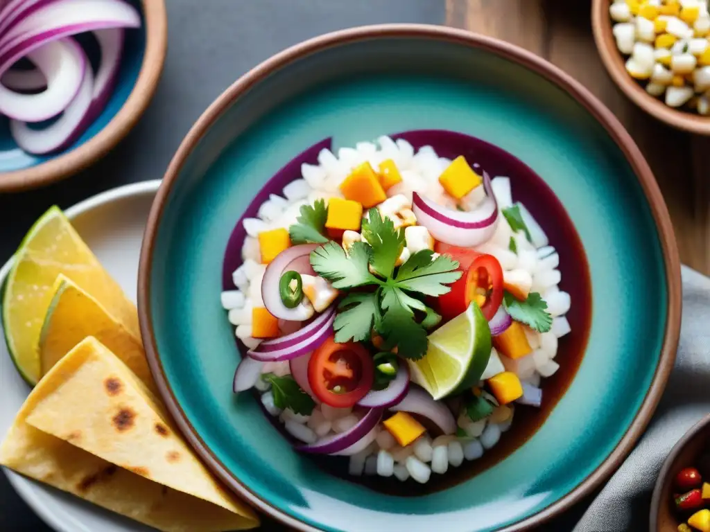 Fotografía detallada de ceviche peruano con ingredientes frescos y coloridos, resaltando los Beneficios de la gastronomía peruana