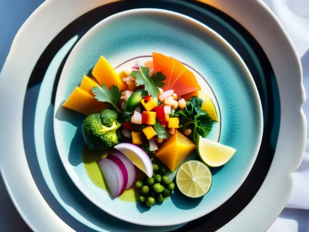 Detalles vibrantes de ceviche peruano en cerámica tradicional Fotografía detallada de ceviche peruano con mariscos frescos y cítricos, resaltando colores vibrantes y texturas, en plato tradicional
