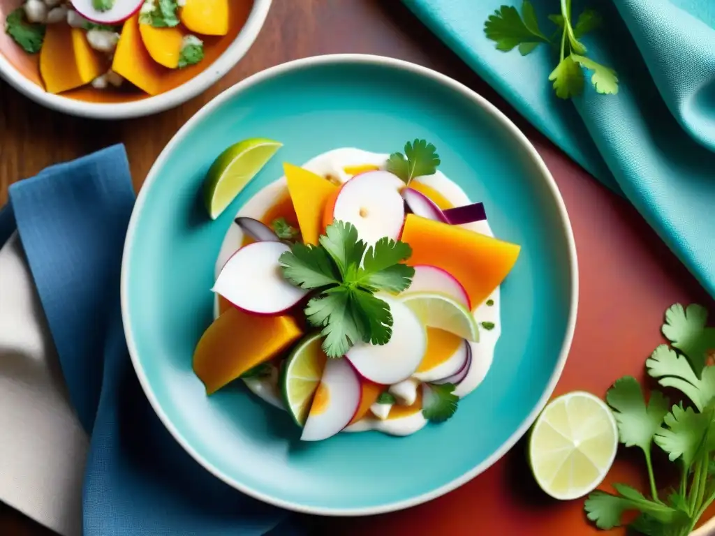 Fotografía detallada de ceviche peruano con receta Leche de Tigre, resaltando colores y frescura