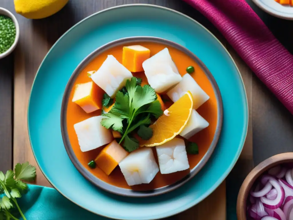 Una fotografía detallada de un ceviche peruano tradicional en plato de cerámica, resaltando la autenticidad culinaria y cultural