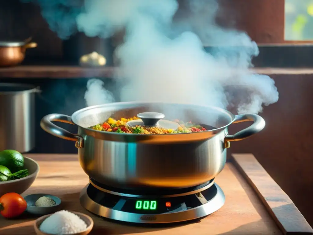Detallada cocina peruana con sensor de temperatura en olla de Ají de Gallina