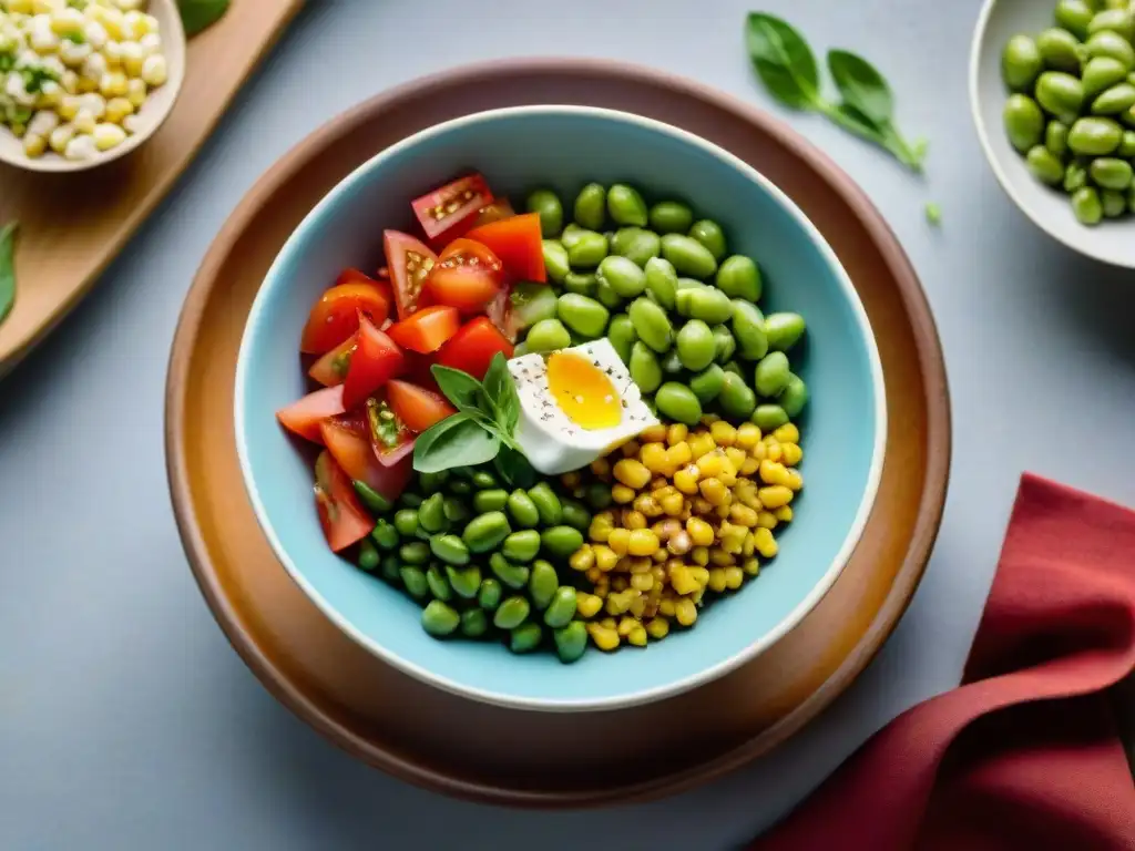 Fotografía detallada de una colorida ensalada Solterito Arequipeño, resaltando frescura y textura de los ingredientes