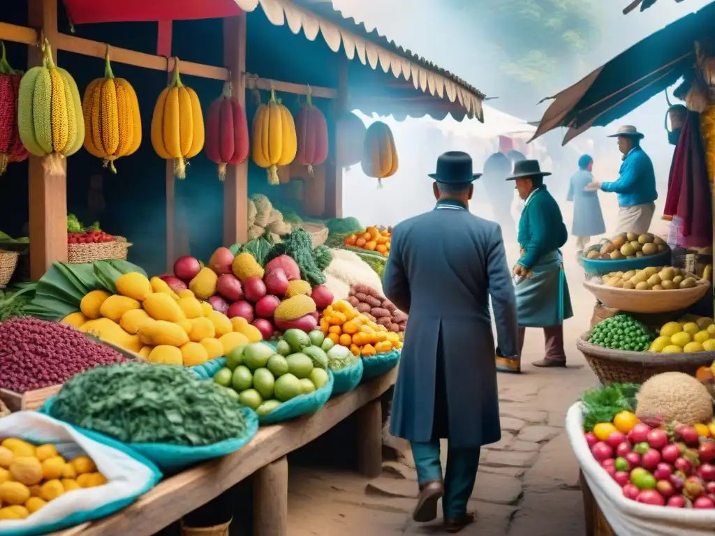 Fotografía detallada de un concurrido mercado peruano de principios de 1900, exhibiendo ingredientes tradicionales y la dinámica de la época