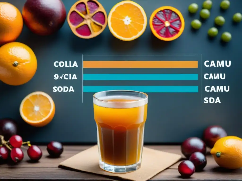 Comparación detallada de contenido nutricional entre refresco de camu camu y otras bebidas, resaltando los beneficios del refresco de camu camu