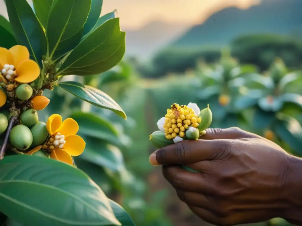 Detallada escena de agricultura tradicional: un agricultor polinizando manualmente flores de chirimoya al atardecer