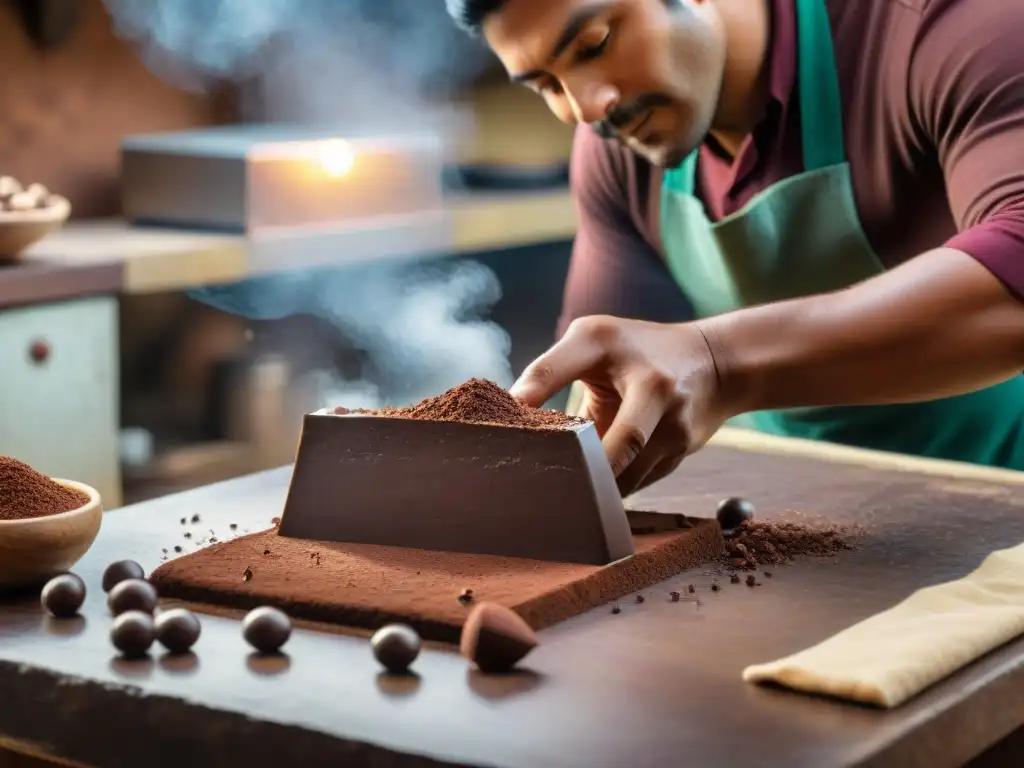 Detallada escena de un maestro chocolatero peruano elaborando una barra de chocolate oscuro en una cocina rústica en Cusco