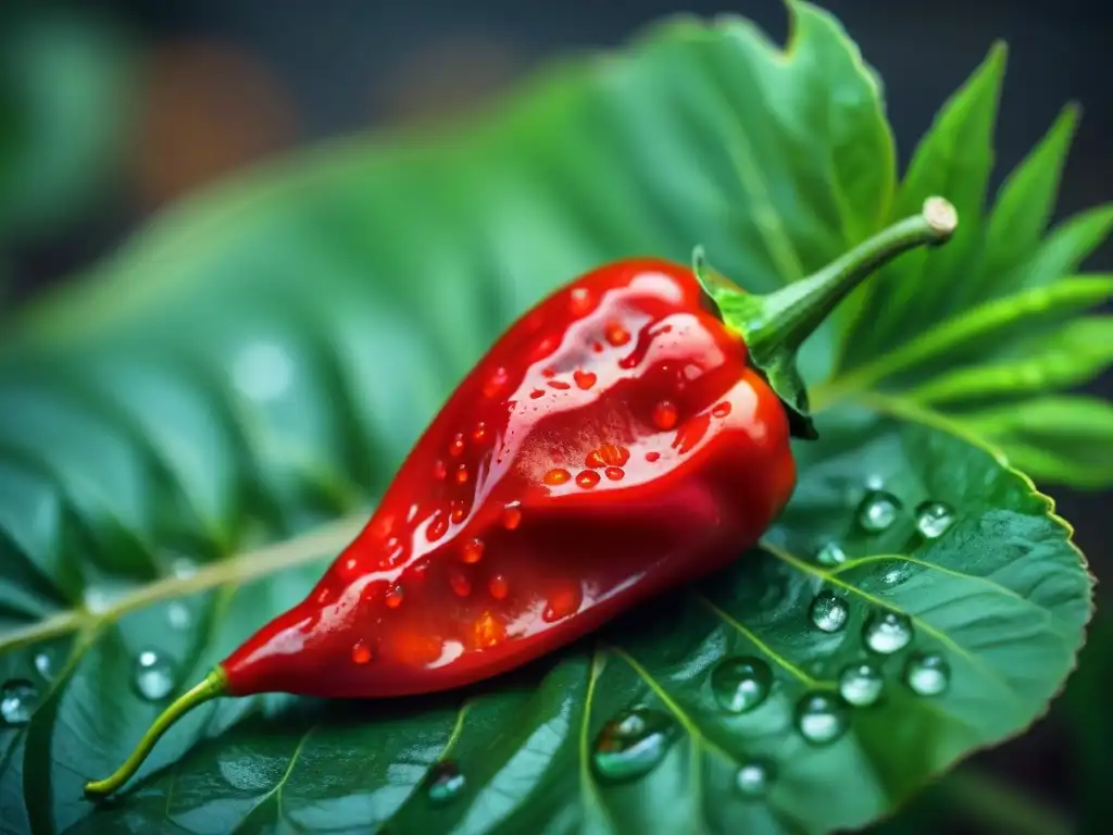 Detallada imagen de un ají charapita rojo vibrante rodeado de hojas verdes, resaltando su frescura y belleza natural