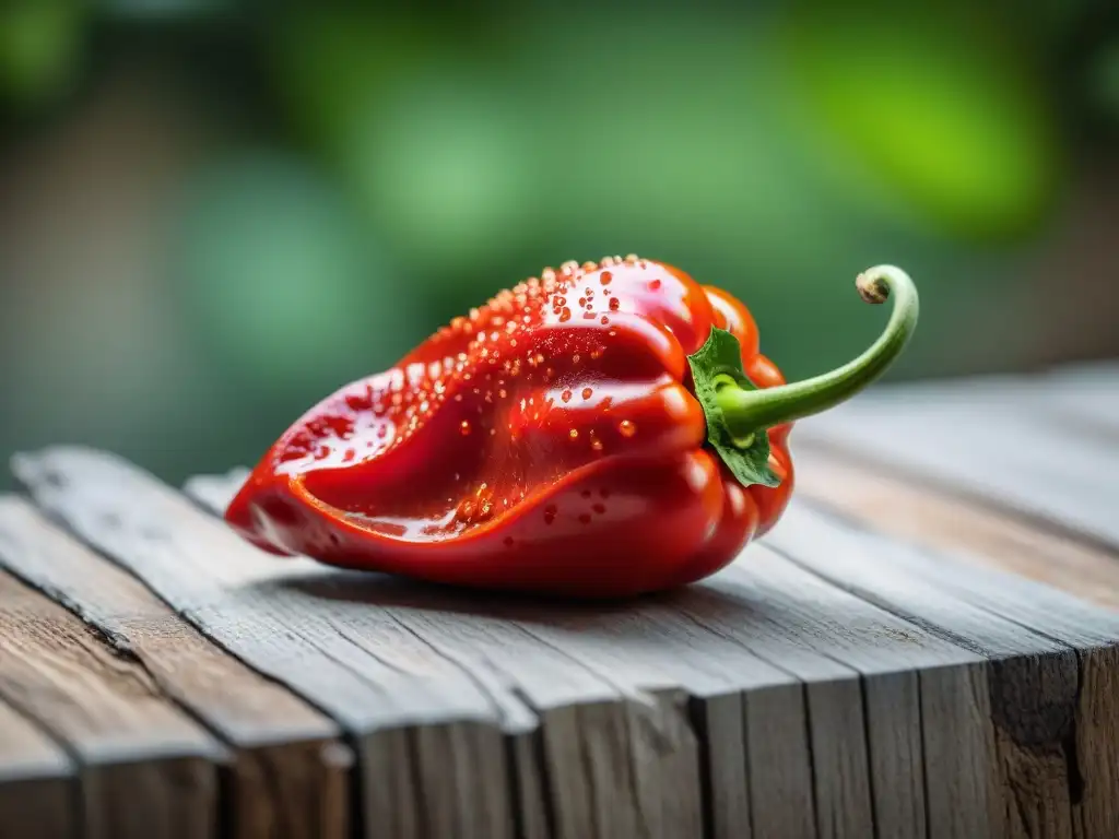 Detallada imagen de un ají rojo vibrante, con piel texturizada y tallo verde, en una cocina tradicional peruana