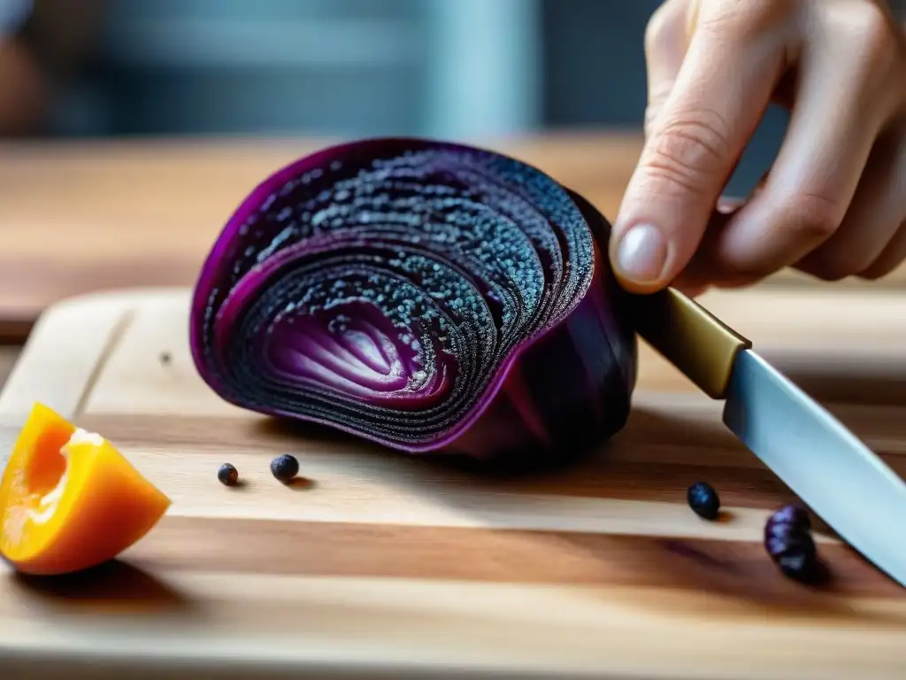 Detallada imagen de una arracacha morada siendo cortada en una tabla de madera, mostrando los beneficios de la arracacha para digestión