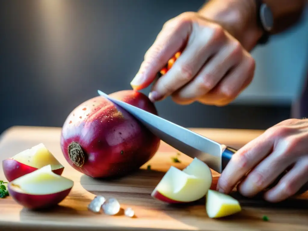 Detallada imagen de chef cortando papas rojas frescas en rodajas delgadas sobre tabla de madera, ilustrando la receta papas a la diabla