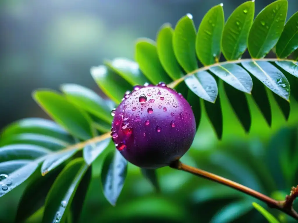 Detallada imagen de una exótica fruta camu camu morada, cubierta de gotas de agua, en la exuberante selva amazónica