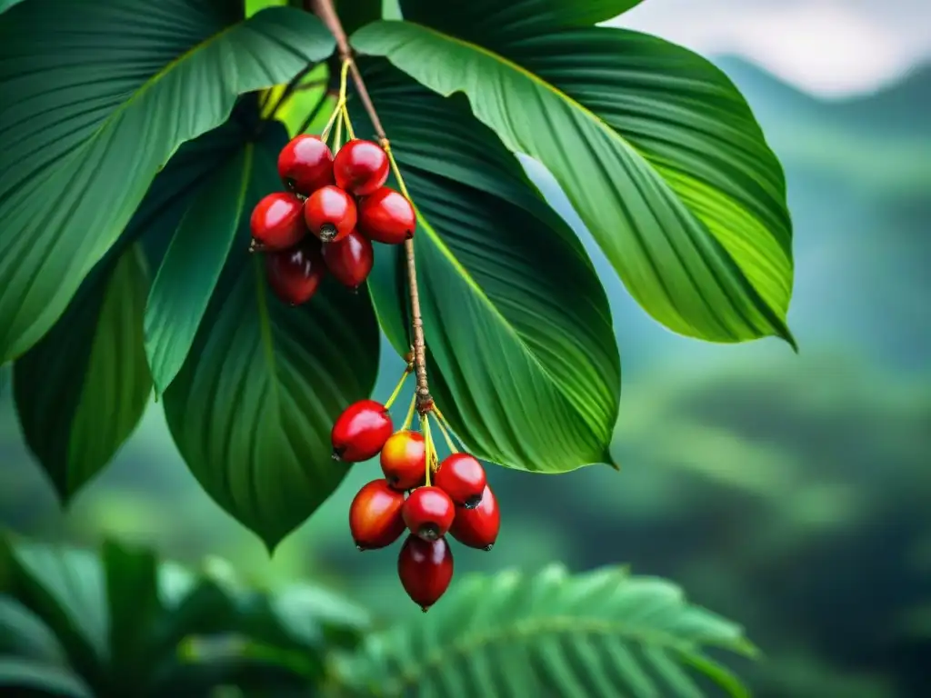 Detallada imagen de una exuberante planta de cocona amazónica con hojas verdes y frutos rojos brillantes