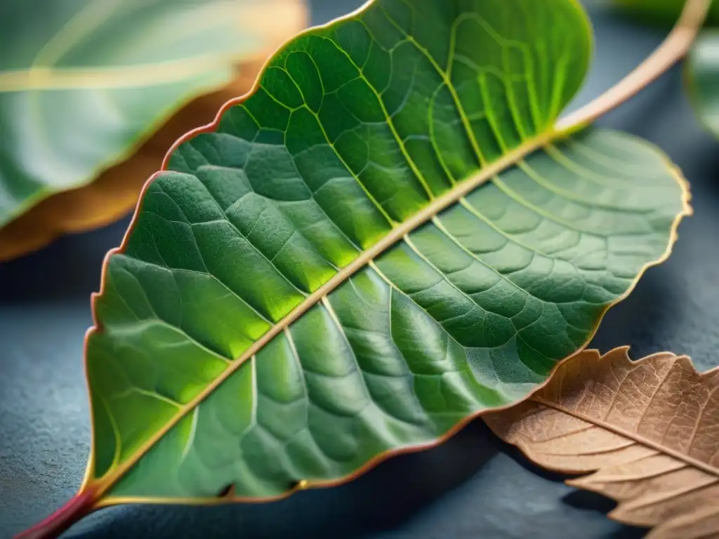 Detallada imagen de hojas de coca, resaltando su textura y vetas verdes bajo una suave iluminación natural