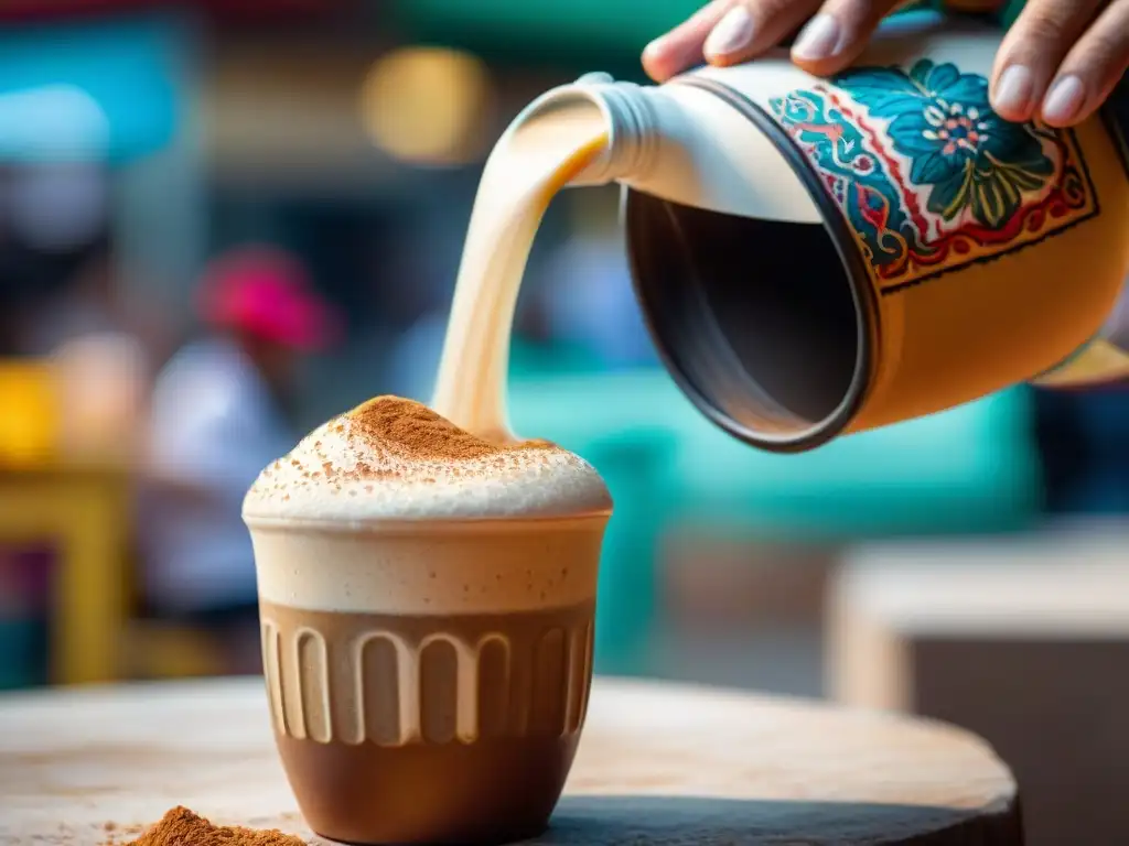 Detallada imagen de horchata peruana arroz vertiéndose en taza de arcilla, con especias flotando y mercado colorido de fondo