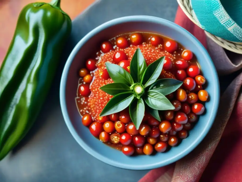 Detallada imagen de un rocoto rojo brillante en una cocina peruana tradicional, destacando la frescura de la receta auténtica salsa criolla peruana