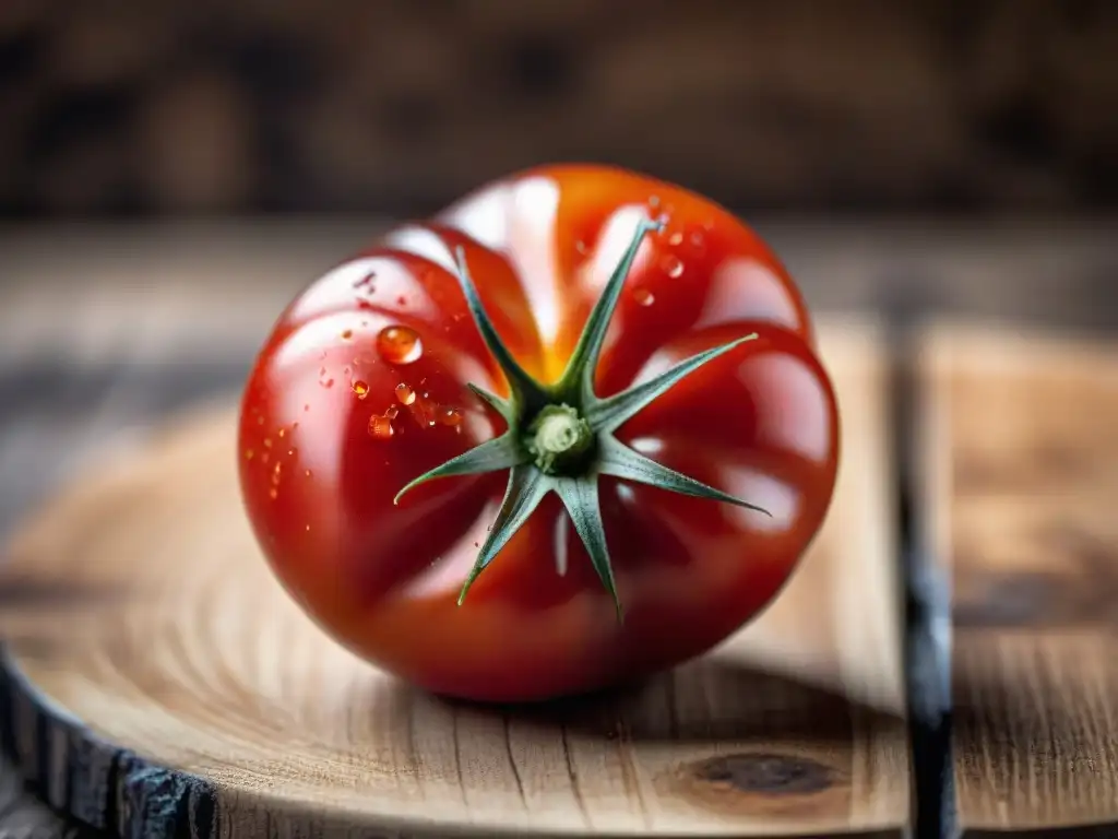 Detallada imagen de un tomate andino maduro y vibrante en tabla de madera, resaltando su frescura y la importancia del tomate andino en Perú