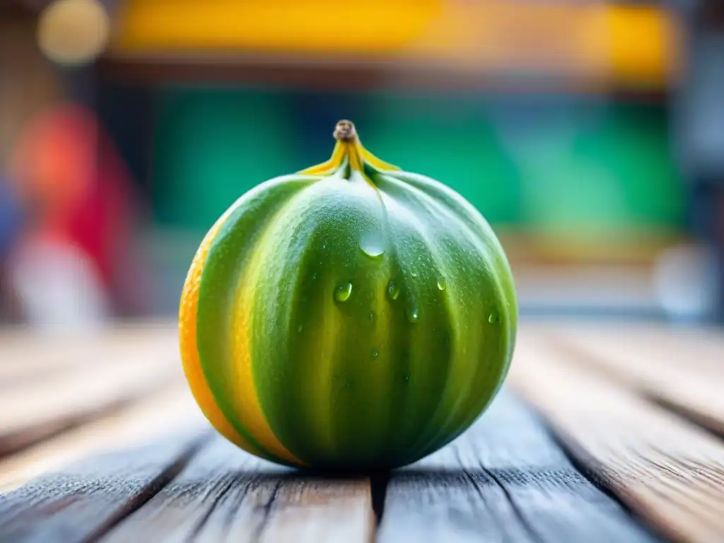 Detallada imagen de un Tumbo vibrante sobre mesa rústica, piel arrugada amarillo naranja y pulpa verde con semillas, en mercado peruano