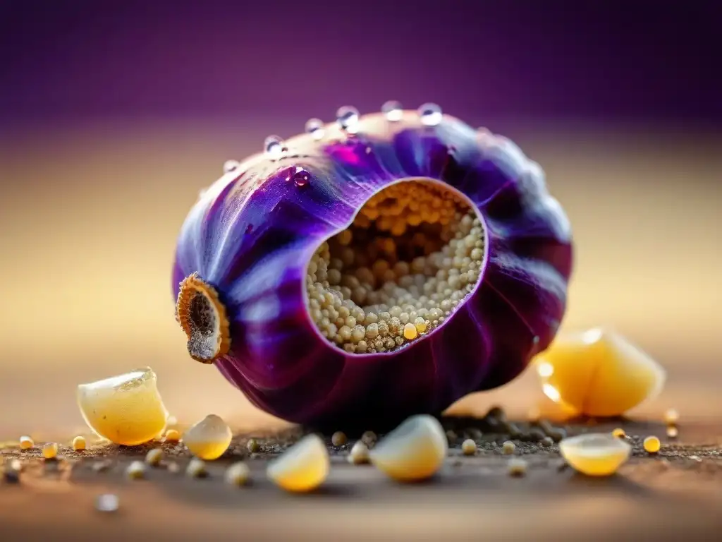 Detallada imagen de la vibrante maca peruana, resaltando sus patrones y texturas, con gotas de agua brillando bajo el sol