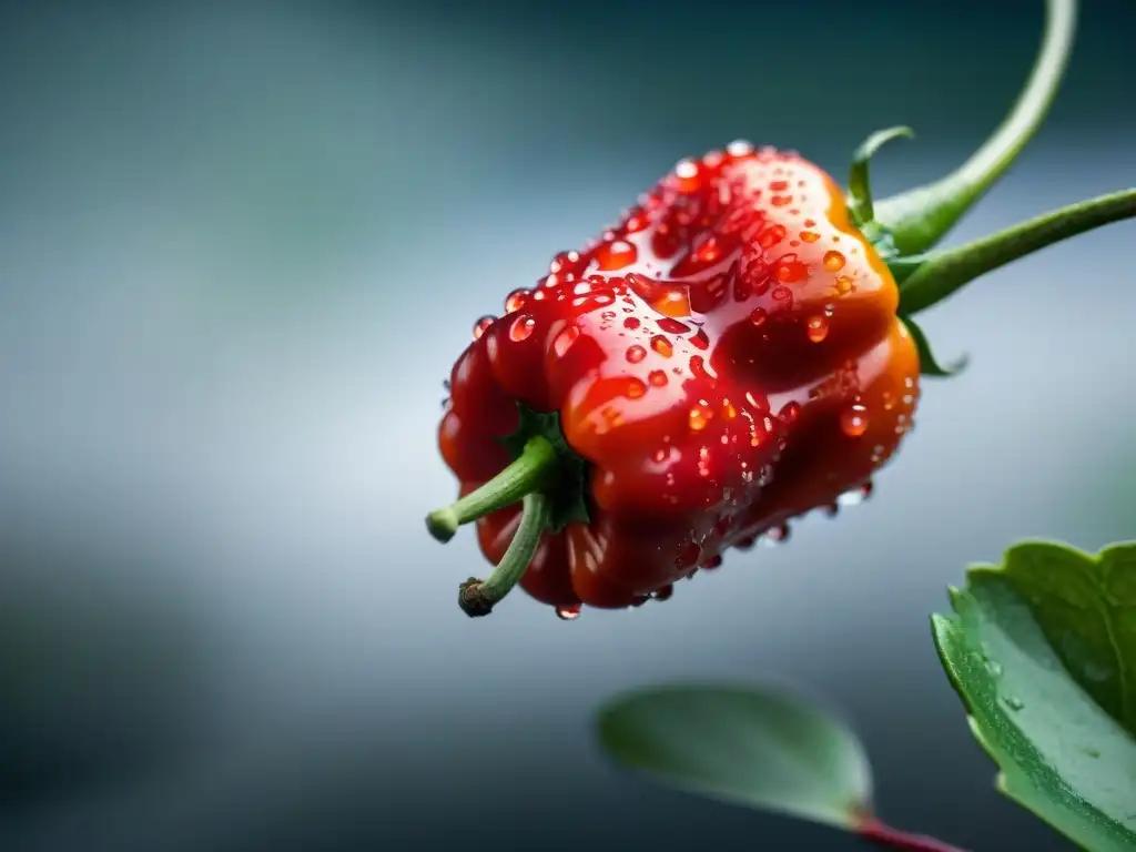 Detallada imagen de un vibrante ají moche rojo, resaltando su frescura e importancia en la gastronomía peruana de sabores ancestrales