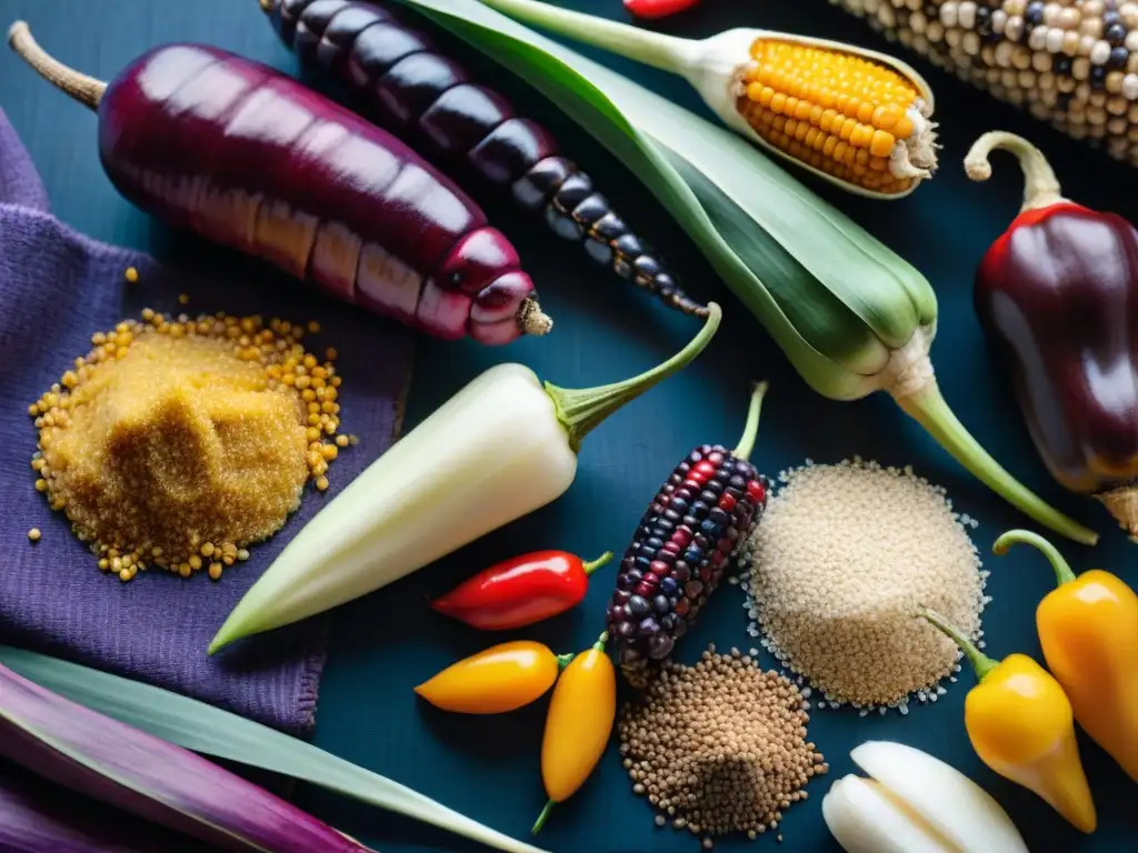 Fotografía detallada de ingredientes autóctonos de la gastronomía peruana en vibrantes colores sobre textil tradicional peruano