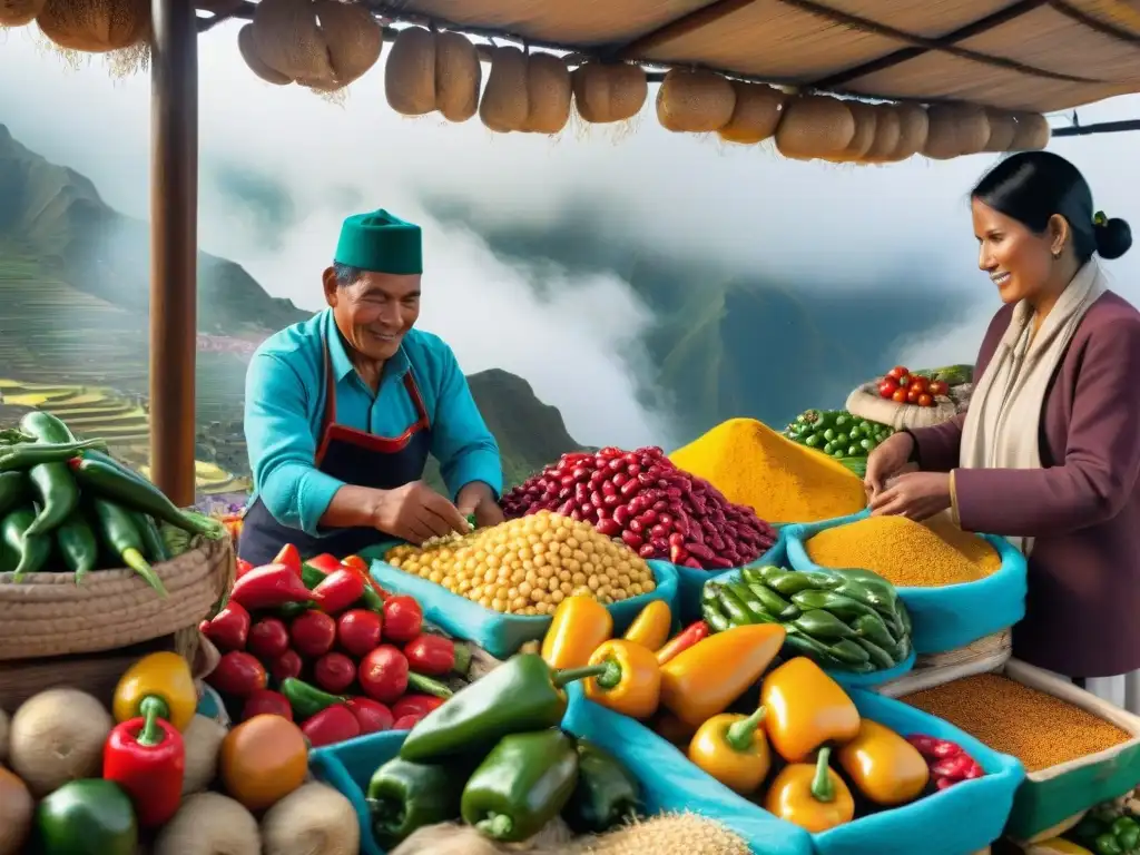 Fotografía detallada de ingredientes peruanos frescos en una bulliciosa feria, con vendedores locales y clientes, resaltando la riqueza cultural