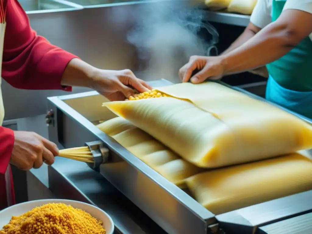 Detallada máquina automatizada de hacer tamales peruanos en cocina bulliciosa