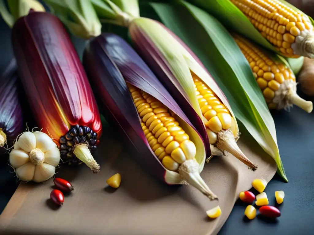 Detallada mazorca de maíz peruano en cocina fusión, con granos en tonos morado, amarillo y rojo, jugosos y brillantes