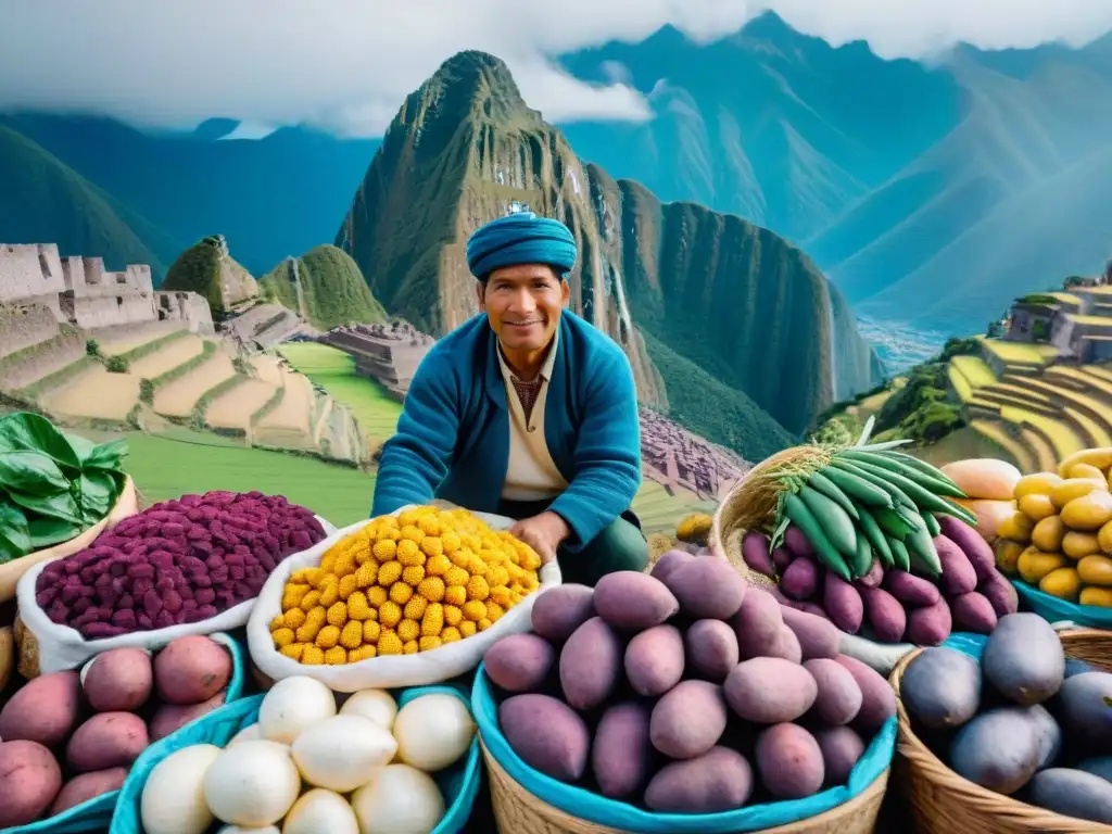 Fotografía detallada de mercado peruano con ingredientes autóctonos y coloridas frutas y verduras