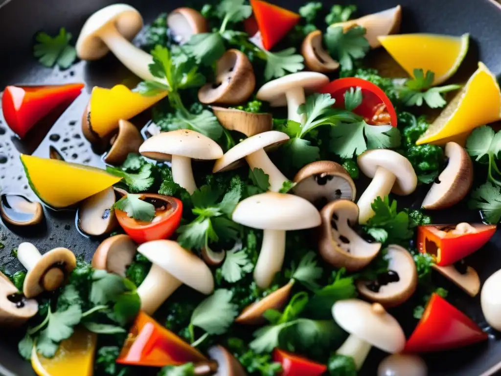 Delicioso ceviche vegetariano: champiñones en aderezo cítrico Detallada mezcla de champiñones en aderezo cítrico, con pimientos, cebolla y cilantro picados