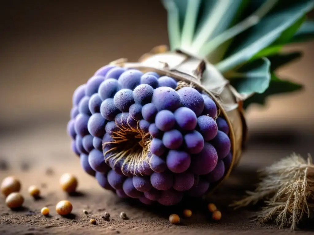 Detallada raíz de mashwa morada, esencial en la cocina andina tradicional ingredientes autóctonos, textura única y colores naturales