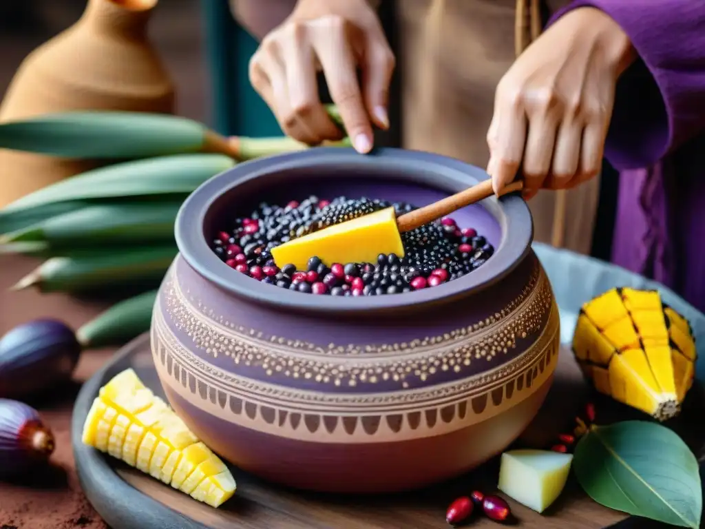 Detallada fermentación en olla de barro peruana con maíz morado, resaltando beneficios de fermentación en cocina peruana