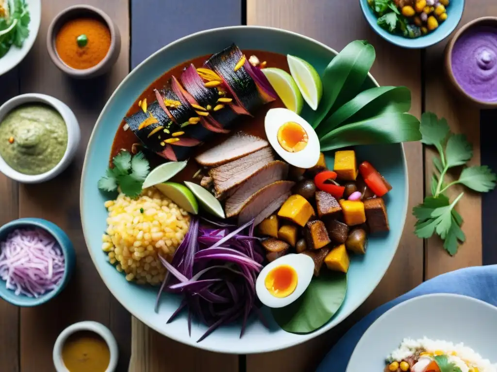 Una fotografía detallada de una variedad vibrante de platos tradicionales peruanos en una mesa rústica, destacando la biodiversidad culinaria peruana