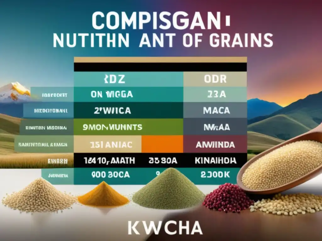 Un detallado cuadro comparativo de los beneficios nutricionales de la kiwicha junto a otros granos andinos como la quinua, la maca y la cañihua