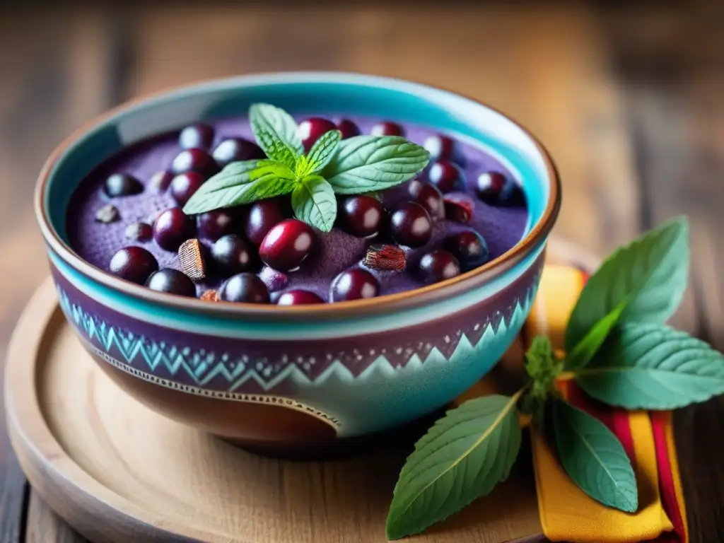 Detallado primer plano de un bol morado con Mazamorra Morada postre tradicional peruano, decorado con canela y menta fresca en una mesa rústica