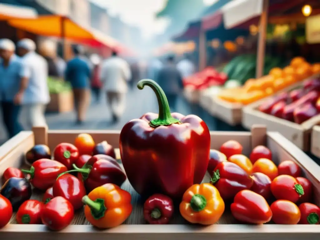 Detallado rocoto rojo en mercado vibrante, realzando su belleza natural