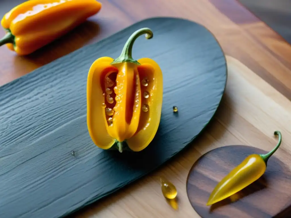 Detalle de un aji amarillo siendo cortado, revelando sus beneficios y aroma