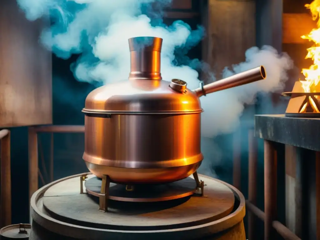 Detalle de alambique de cobre en el proceso de destilación de Pisco, resaltando la química y la artesanía