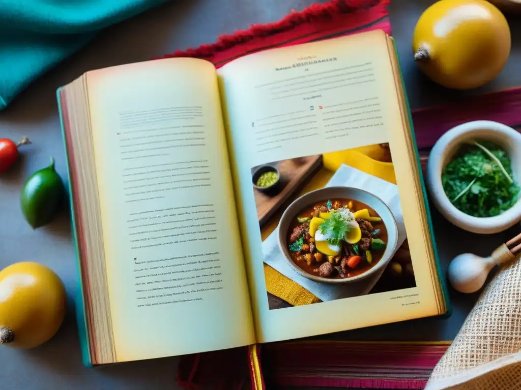 Detalle de un antiguo libro de cocina peruana tradicional con recetas y notas manuscritas en español