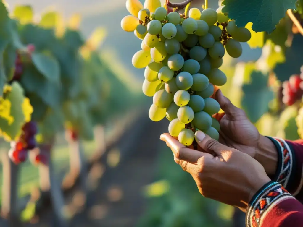 Detalle artesanal de cosecha de uvas en viñedo peruano, resaltando los beneficios del pisco peruano